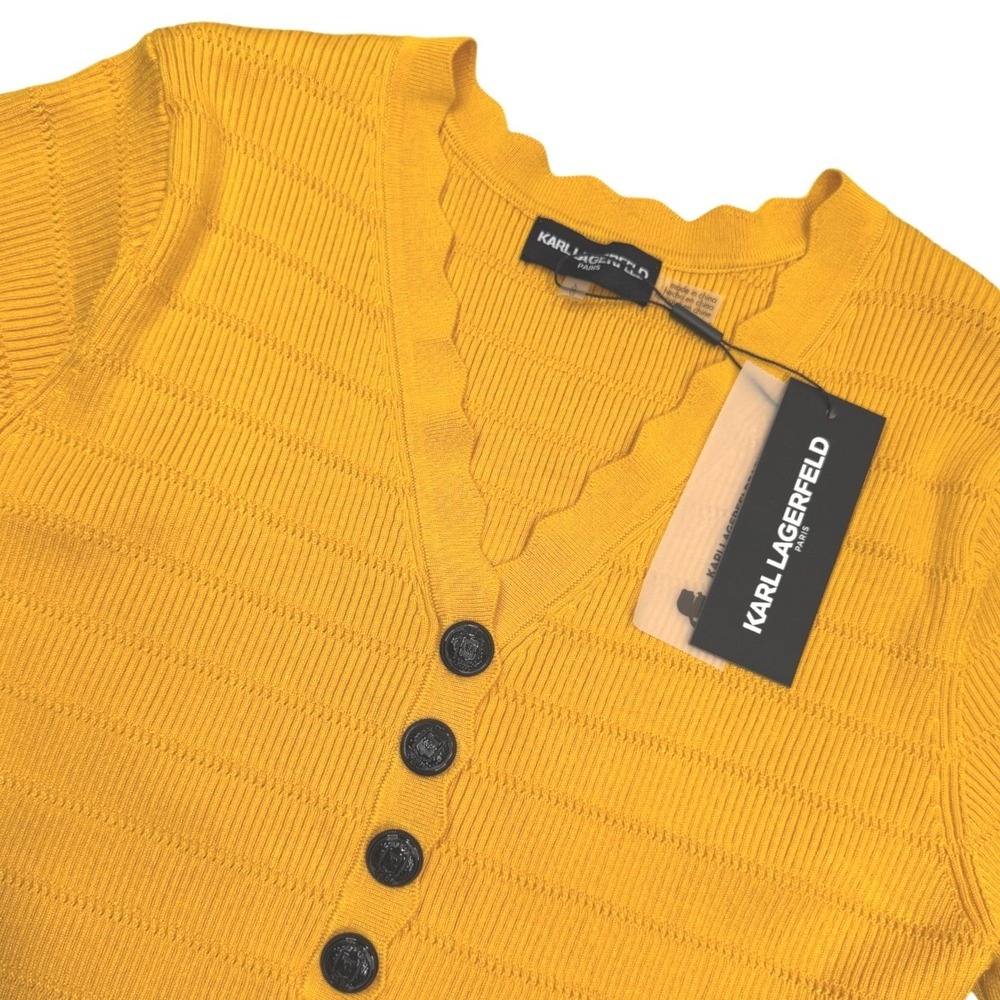 Karl Lagerfeld Paris Scalloped Knit Top Women Large Gold Ribbed Sweater NEW